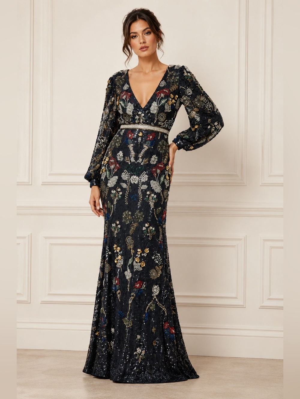 Mac Duggal Evening 93546 Midnight Multi Embellished Bishop Sleeve Gown $1798